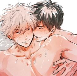 2boys black_hair blush breath close-up gay gintama gintoki_sakata happy_sex hickey hickey_marks hijikata_toshiro implied_sex male male_only offscreen_sex one_eye_closed smile sweat tttttengo upper_body white_hair yaoi