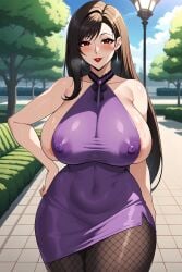 ai_generated big_breasts dress final_fantasy final_fantasy_vii fishnets hand_on_hip mexkwigo nipples_visible_through_clothing pantyhose red_eyes red_lipstick sideboob sweat tifa_lockhart tight_clothing