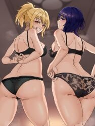 2girls asaka_karin ass back blonde_hair bra lingerie love_live! love_live!_nijigasaki_high_school_idol_club miyashita_ai momo_mochi_(favk5328) multiple_girls slut undressing