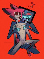 2boys alastor_(hazbin_hotel) cuntboy cuntboy/male cuntboy_with_breasts deer_tail duo feminine_cuntboy gay hazbin_hotel intersex male_with_breasts male_with_cuntboy nude penis precum pussy pussyjob vox_(hazbin_hotel)