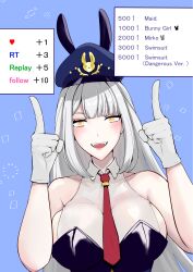 1girls blue_background breasts bunny_ears bunnysuit english_text gold_eyes hat large_breasts long_hair necktie necktie_between_breasts open_mouth pointing pointing_up sideboob smiling smiling_at_viewer solo strip_game upper_body virtual_youtuber vshojo vtuber white_hair zentreya