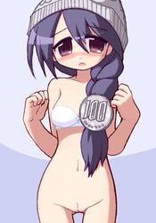 blush bottomless bra braid hat huge_eyes ikkyuu personification purple_eyes pussy uncensored underwear yen-tan