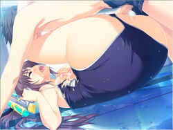 akatsuki_works_hibiki breasts censored cum game_cg iizuki_tasuku kanojo_to_no_shiawase_na_hitotoki_o_sugosu long_hair lovely_x_cation lying nanasawa_yuni one-piece_swimsuit penis school_swimsuit swimsuit water_gun wet