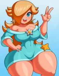 ai_generated ass_focus big_breasts blonde_hair blue_dress blue_eyes boob_window casual casual_nudity cleavage clothed earrings eyelashes female female_only gradient_background hand_on_hip huge_ass huge_thighs human hyper_thighs long_hair mario_(series) navel navel_visible_through_clothes no_bra one_eye_obstructed open_mouth peace_sign piercings princess_rosalina smile solo solo_female solo_focus star teeth thick_thighs tiny_waist virtuai