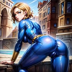 1girls ai_generated arbitrary bethesda_softworks blonde_hair blue_eyes bodysuit cameltoe clothed_female fallout from_behind hi_res large_ass short_hair skin_tight stable_diffusion