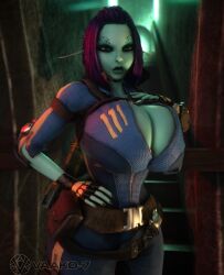 1girls 3d 3d_(artwork) bethesda_softworks blue_skin bodysuit breasts breasts_bigger_than_head cleavage clothed clothed_female fallout female female_only female_solo fingerless_gloves gigantic_breasts gloves heterochromia hourglass_figure huge_breasts long_ears long_pointy_ears open_bodysuit open_clothes pointy_ears purple_hair slim_waist small_waist solo solo_female soria thick_thighs thighs thin_waist top_heavy top_heavy_breasts upper_body vaako vault_suit wasp_waist watermark wide_hips