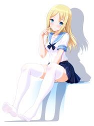 1girls blonde_hair blue_eyes blue_shirt blush female female_only finger_pointing hair_down hayasaka_ai kaguya-sama_wa_kokurasetai_~tensai-tachi_no_renai_zunousen~ long_hair looking_at_viewer pointing_at_self sailor_uniform school_uniform sitting smile smiling smiling_at_viewer white_background white_blouse white_stockings 八神晨月