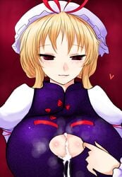 1girls after_sex big_breasts blonde_hair blush breasts cum cum_on_body cum_on_breasts cum_on_clothes cum_on_upper_body dress female han64 han_(jackpot) hat heart huge_breasts pixiv_manga_sample red_eyes short_hair simple_background smell smile solo steam touhou upper_body yukari_yakumo