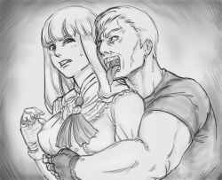 1boy 1girls bad_id bb_(baalbuddy) breasts bryan_fury clenched_teeth covered_erect_nipples disgusted drawfag emilie_de_rochefort female fingerless_gloves from_behind gloves greyscale groping imminent_rape inactive_account licking long_hair molestation monochrome muscular namco rape sweat sweatdrop tekken uncomfortable