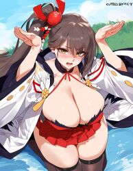 1girls ai_generated azur_lane big_breasts black_legwear blush breasts brown_hair embarrassed enormous_breasts female female_focus female_only hair_ornament huge_breasts large_breasts red_dress side_ponytail thick_thighs thighs yellow_eyes zuikaku_(azur_lane)