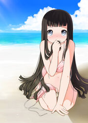 beach bikini black_hair blue_eyes blush censored cloud convenient_censoring covering female hair_tussle highres kneeling long_hair navel nipples ocean original pussy shouji_ayumu sitting sky solo suzune_(shouji_ayumu) swimsuit very_long_hair water