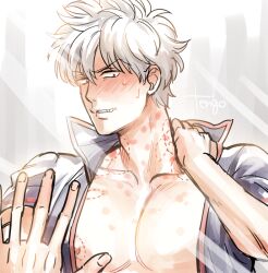 after_sex bite_mark bite_marks blush cleavage gintama gintoki_sakata hickey hickey_marks male male_only male_pov masculine mirror mirror_reflection open_shirt pecs pov solo tttttengo upper_body white_hair