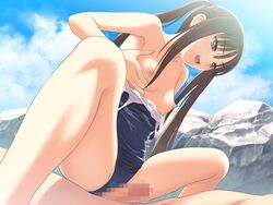 1boy 1girls black_hair breast_grab breasts brother_and_sister censored fault!! female game_cg incest male nipples penis school_swimsuit sex straight sugiyama_mio swimsuit taka_tony tied_hair twintails