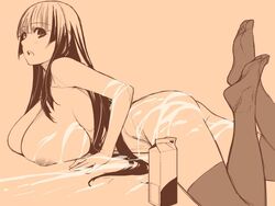 1girls areola_slip areolae backboob breast_press breasts fuutou_shizune huge_breasts ino large_breasts legwear milk oshioki_sweetie sepia solo stockings thighhighs