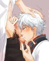 2boys ball_fondling ball_sucking balls bar_censor blush erection gay gintama gintoki_sakata glansjob hand_on_another's_head handjob hijikata_toshiro male male_only male_pubic_hair open_pants open_shirt oral penis penis_out profile pubic_hair side_view solo_focus sweat tttttengo white_hair yaoi