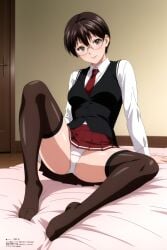 1girls bible_black blush brown_hair female grey_eyes nonogusa_miyuki panties school_uniform schoolgirl short_hair sitting sitting_on_bed skirt smile smiling spread_legs stockings tagme thighhighs white_panties