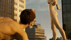 1boy 1girls ass black_cat_(insomniac) black_cat_(marvel) boobs breasts casual feet felicia_hardy female human legs male marvel naked nude nudist pale_skin peter_parker public spider-man_(insomniac) spider-man_(ps4) spider-man_(series)