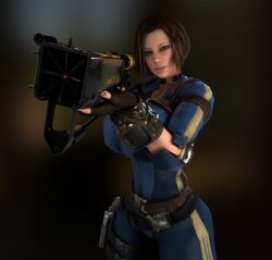 1girls 3d 3d_(artwork) alternate_breast_size bethesda_softworks bodysuit breasts_bigger_than_head breasts_bigger_than_torso brown_eyes brown_hair bulletstorm cleavage clothed clothed_female clothing computer electronics epic_games fallout female female_only female_solo fingerless_gloves firearm gigantic_breasts gloves gun handgun holding_gun holding_object holding_weapon hourglass_figure huge_breasts human human_female human_only open_bodysuit open_clothes pale_skin people_can_fly pip-boy slim_waist solo solo_female thick_thighs thighs trishka_novak vaako vault_suit weapon wide_hips wristwear