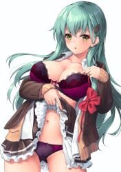 aqua_hair awa_yume blush bow bow_bra bow_panties bra breasts brown_jacket cleavage clothes_lift collarbone female female_only frilled_skirt frills green_eyes hair_ornament hairclip highres jacket kantai_collection large_breasts long_hair looking_at_viewer navel open_clothes open_jacket open_shirt panties parted_lips purple_bra purple_panties shirt simple_background skirt skirt_lift solo solo_female suzuya_(kantai_collection) suzuya_kai_ni_(kantai_collection) underwear white_background white_shirt