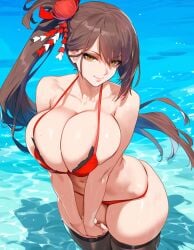 1girls ai_generated azur_lane beach big_breasts bikini blush breasts brown_hair female female_focus female_only green_eyes huge_ass huge_breasts large_breasts looking_at_viewer ocean side_ponytail smiling smiling_at_viewer swimsuit thick_thighs thighs zuikaku_(azur_lane)