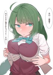 1boy absurdres admiral_(kantai_collection) ahoge blue_bow blue_eyes blush bow bowtie braid breasts disembodied_limb female grabbing grabbing_another's_breast green_hair highres kantai_collection large_breasts long_hair purple_vest shiawase_hougan shirt short_sleeves simple_background single_braid skirt solo_focus speech_bubble straight sweat translation_request very_long_hair vest white_background white_shirt yuugumo_(kantai_collection)