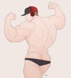 1boy alexcherubic ass ass_focus back_view baseball_cap biceps blue_eyes brown_hair cap flexing headphones light-skinned_male light_skin looking_at_viewer looking_back male male_only muscle muscles original underwear