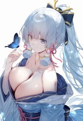 1girls ai_generated breasts butterfly cleavage female female_only genshin_impact kamisato_ayaka large_breasts light-skinned_female light_skin setsuaiart solo white_background