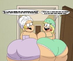 altzegoz_(artist) arguing ass_bigger_than_head broken_door expansion fat_ass leni_loud lori_loud obese stuck_in_doorway swimsuit text_bubble the_loud_house wearing_towel weight_gain wide_hips