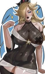 1girls 2026 big_breasts black_lipstick blonde_hair blue_eyes female female_only fishnets goth goth_girl hourglass_figure hourglass_figured_female lipstick makeup mario_(series) nintendo princess_rosalina rogun tagme thick_thighs