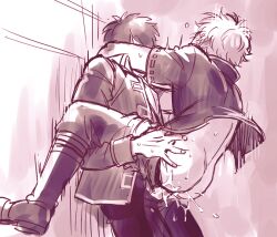 2boys anal anal_sex arms_around_neck ass bare_ass carrying_partner clothed_sex cum cum_in_ass cum_inside gay gintama gintoki_sakata hijikata_toshiro male male_only monochrome motion_lines pants_down police_officer police_uniform shinsengumi_(gintama) sketch stand_and_carry_position tttttengo yaoi