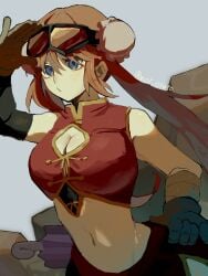 aged_up big_breasts blue_eyes bun_cover chinese_clothes cleavage_cutout cleavage_window female female_only gintama gloves goggles goggles_on_head kagura_(gintama) long_hair official_alternate_costume official_alternate_hairstyle orange_hair solo twintails