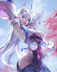 1girl 1girls armpit female horns kassian.art league_of_legends long_hair oni_horns spirit_blossom_series spirit_blossom_syndra syndra white_hair