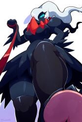 ai_generated blue_eyes darkrai leash leash_pull leashed_pov looking_down_at_viewer pokemon pokemon_(species) stepping_on_viewer thigh_highs threatening