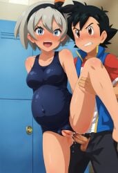 2d ai_generated anal_sex bea_(pokemon) cum locker locker_room lockers nsfw penis pokemon pokemon_swsh pregnant pussy satoshi_(pokemon) sex shiroppo swimsuit swimwear