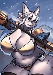 anthro armor battle big_breasts bikini_armor blue_eyes bra breasts canid canine cleavage clothed clothing curvy_figure dinah_(unicorn_overlord) female fox fur gauntlets gloves hair handwear holding_object holding_weapon mammal melee_weapon metal_bra night ocaritna open_mouth outside panties pauldron polearm slightly_chubby snow snowing solo thick_thighs unconvincing_armor underwear unicorn_overlord vanillaware voluptuous weapon white_body white_fur white_hair wide_hips