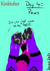 absurd_res ailurid ambiguous_gender anthro bodily_fluids cum cum_on_feet cumshot dialogue ejaculation feet foot_fetish foot_focus fur fur_markings genital_fluids hi_res jondrethefurry kinktober mammal markings pawpads purple_body purple_fur red_panda showing_feet solo