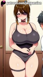 1boy 1girls 2025 ai_assisted ai_generated anime artist_name attack_on_titan bare_shoulders belly big_breasts big_chest black-framed_eyewear black_choker black_swimsuit blush breasts brown_eyes brown_hair bust busty chest choker cleavage clothed_female curvy female_focus giant_breasts glasses hange_zoe hanji_zoe heavy_breasts hi_res high_quality high_resolution highres huge_boobs huge_breasts indoors large_breasts massive_boobs massive_breasts mole one-piece_swimsuit patreon patreon_username plump shingeki_no_kyojin sitting skindentation skypassion stable_diffusion swimsuit thick_thighs thigh_strap thighs watermark wide_hips