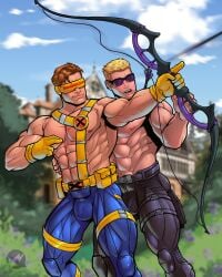 2boys arrow avengers blitzturner blonde_hair boner bow brown_hair clint_barton cyclops_(x-men) hawkeye human human_only light-skinned_male light_skin male male/male male_only marvel muscular muscular_male outdoors outside pants scott_summers x-men yaoi