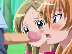 2girls blue_eyes blush censored clothing clown_(artist) fellatio female green_eyes hair houjou_hibiki male minamino_kanade multiple_girls open_mouth oral orange_hair outdoors precure pretty_cure suite_precure sweat threesome