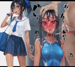 1boy after_ejaculation bag blue_bow blue_eyes blue_necktie blush bondage bow bracelet bukkake collar collarbone competition_swimsuit cum cum_on_clothes cum_on_hair cum_on_penis empty_eyes facial female highres jewelry leash looking_at_viewer male murakami_suigun necktie one-piece_swimsuit original parted_lips penis pleated_skirt ponytail red_collar restrained sailor_collar school_uniform sidelocks skirt swimsuit tan uniform