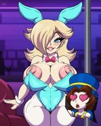 1boy 1girls animated blonde_female blonde_hair blonde_hair_female blue_eyes bouncing_breasts bow bow_tie bowtie bracelet bracelets breasts_out bunny_ears bunny_girl bunnysuit camel_toe cameltoe choker clothed clothing earrings female hair_over_one_eye leggings leotard male mario_(series) nintendo nipples princess_rosalina shadowthespirit super_mario_galaxy