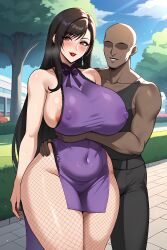 1boy ai_generated big_breasts dark-skinned_male dress female final_fantasy final_fantasy_vii fishnets hugging_from_behind mexkwigo nipples_visible_through_clothing red_eyes red_lipstick sweat thick_thighs tifa_lockhart