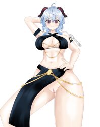 big_ass big_breasts big_butt big_thighs black_dress blue_hair dress dress_lift female_only ganyu_(genshin_impact) genshin_impact hand_behind_head hand_on_hip pink_pussy pussy ultyde white white_body yellow_eyes yomorio_lingerie