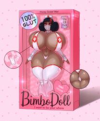 ass bimbo bimbo_body bimbo_lips black_hair breasts_bigger_than_head dark-skinned_female dark_skin doll_box dyed_hair geekyredfox_(artist) huge_breasts huge_hips in_box in_container in_doll_box nurse redgeekyfox thighhighs thighs voluptuous