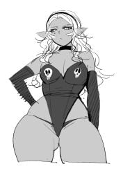 1girls breasts curvy dark-skinned_female dark_elf dark_skin elf elf-san_wa_yaserarenai elf_ears female humanoid kuroeda leotard long_hair looking_at_viewer pointy_ears synecdoche thick_thighs white_hair wide_hips