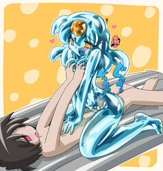 aoba_(aunana) black_hair blue_hair blue_skin blush breast_squeeze breasts bubble bubbles cum cum_inside feet female goo_girl hands male monster_girl open_mouth penis red_eyes sex slime_girl straight uncensored vaginal_penetration