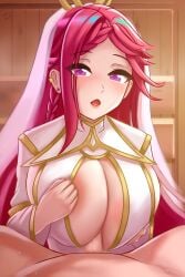 1boy 1girls alternate_costume areola_slip areolae braid breast_press breast_squeeze breasts ciderwrath cleavage cleavage_cutout ear_piercing female female_focus fire_emblem fire_emblem_heroes huge_breasts indoors light-skinned_female light-skinned_male light_skin loki_(fire_emblem) loki_(trickster_god)_(fire_emblem) long_sleeves male male_pov nintendo official_alternate_costume open_mouth paizuri penis piercing pink_eyes pov red_hair revealing_clothes sauna see-through sideboob solo_focus sweat veil violet_hair