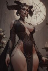 ai_generated cleavage covered_nipples demon diablo diablo_4 dress female lilith_(diablo) milf mommy pelvic_curtain smirk stable_diffusion succubus succubus_queen