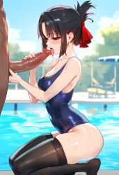 1boy 1female 1girls 1male ai_generated ass big_penis black_hair black_legwear black_thighhighs cock dark-skinned_male female geosan hair_ornament interracial kaguya-sama_wa_kokurasetai_~tensai-tachi_no_renai_zunousen~ latex licking licking_penis licking_penis_tip light-skinned_female male male/female male_on_female male_with_female medium_breasts on_knees penis public public_nudity public_sex red_bow red_eyes shinomiya_kaguya swimming_pool swimsuit swimwear thighhighs thighs thighs_together tongue tongue_out