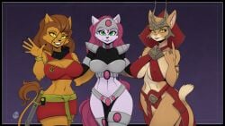 2024 2024s 3girls alien alien_cat alien_girl alternate_version_available anthro anthro_female anthro_only anthrofied beckoning brown_hair bucky_o'hare_(series) caitian_(species) cat_ears cat_girl cat_tail catgirl clothed_variant crossover empress_jasana female female_anthro fur furry furry_female gesturing_at_viewer gold_eyes gold_fur gold_highlights golden_eyes green_eyes jenny_(bucky_o'hare) looking_at_viewer master_of_orion mrrshan mrrshan_empress no_hair nude_version_available pink_crystals pink_hair red_clothes revealing_clothes revealing_clothing shiboline_m'ress star_trek star_trek_the_animated_series tail tan_fur trio waving waving_at_viewer white_fur yawg